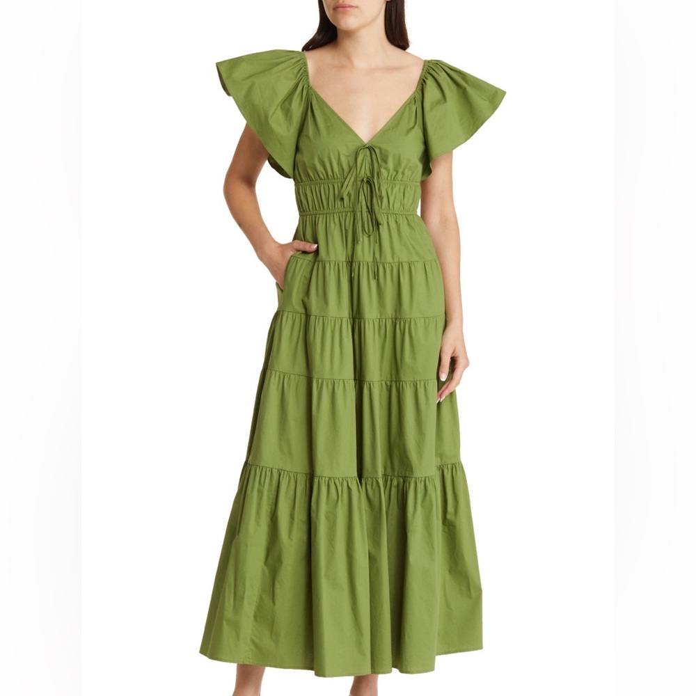 Moon River Olive Tiered Maxi Dress with Flutter Sleeves